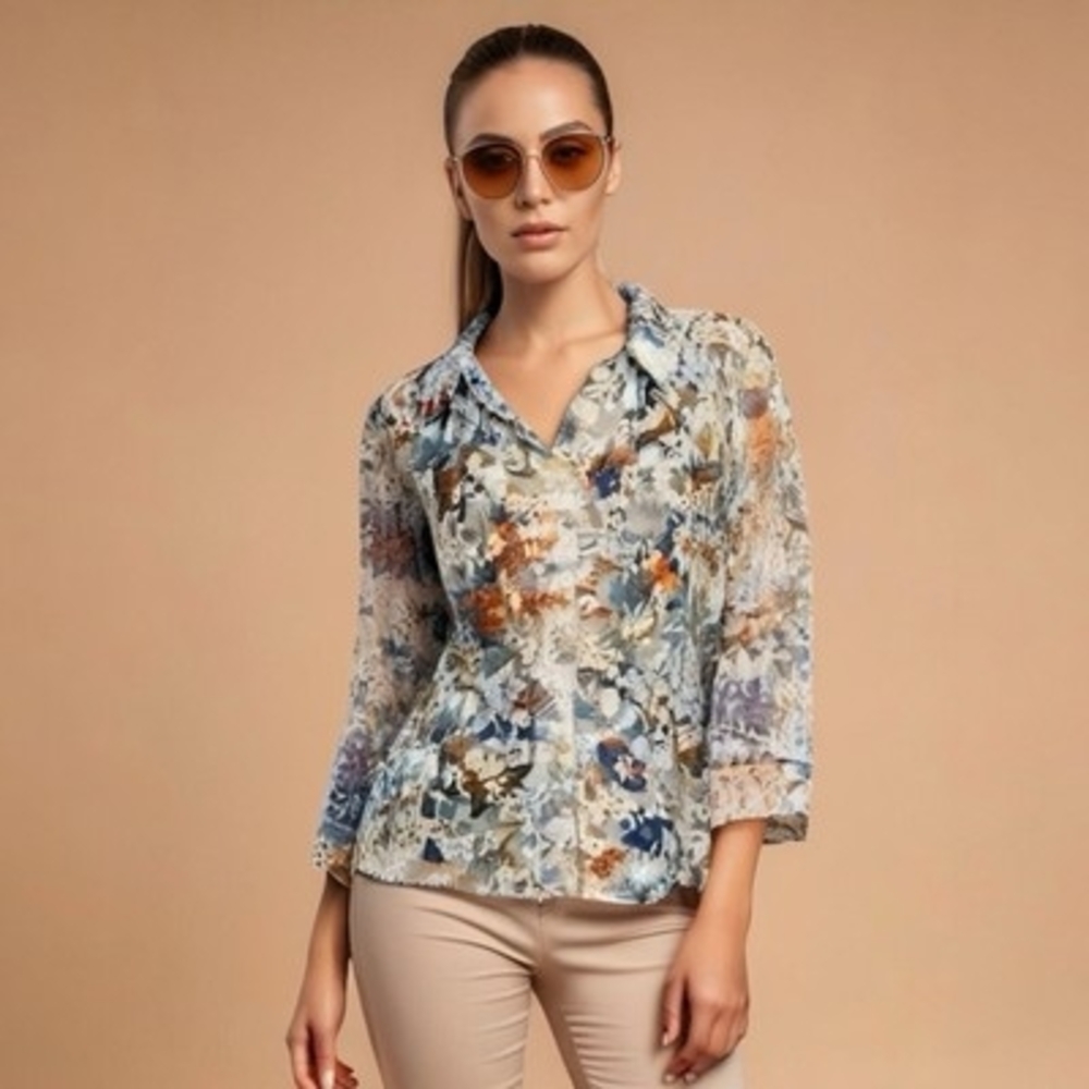 Isabel Hayley Womens Blouse PM Blue Floral 3/4 Sleeve Button Up Shirt Petite EXC
